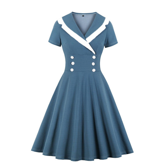 Women Constract Color V Neck Vintage Dresses-STYLEGOING