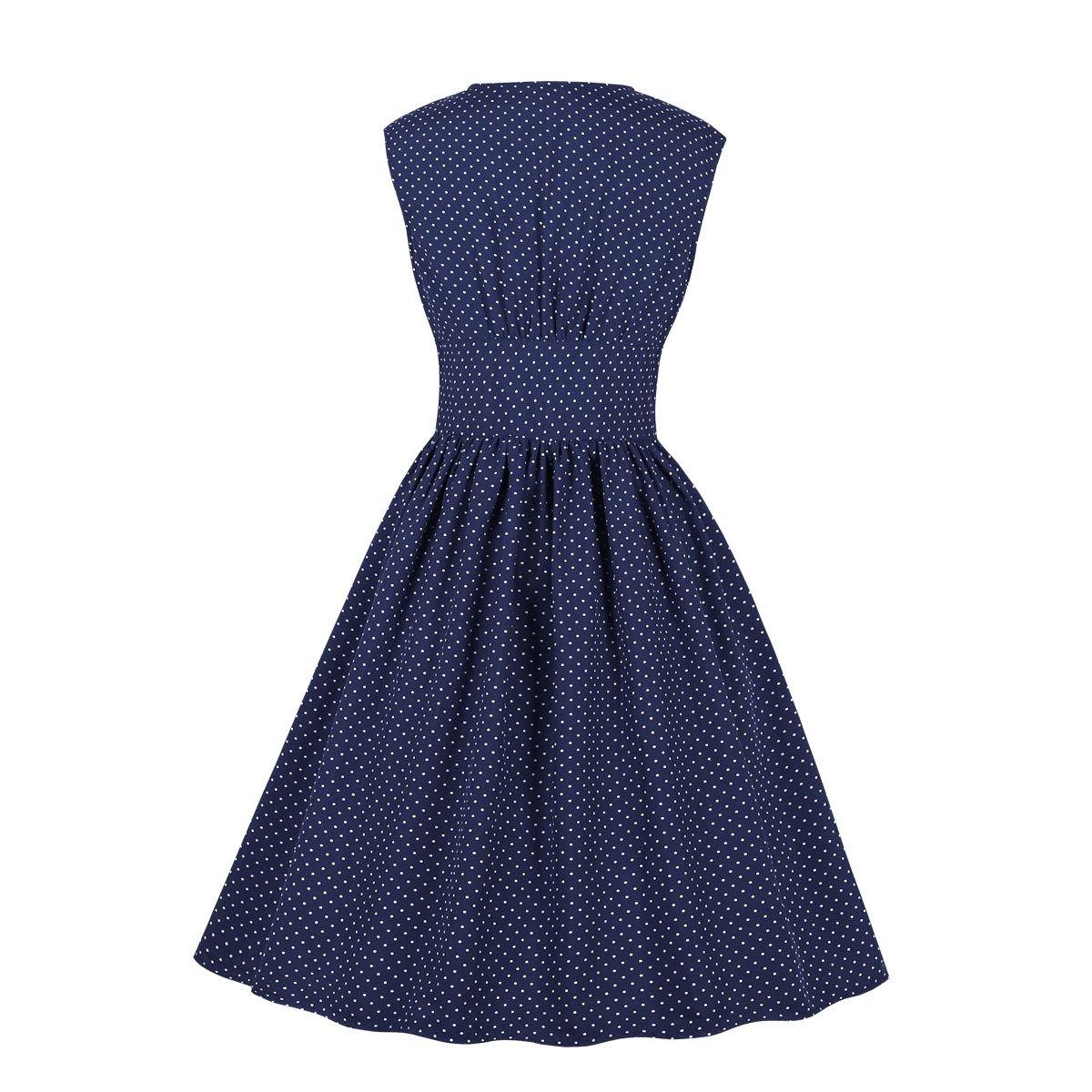 Women Sleeveless V Neck Dot Print Vintage Dresses with Buttons-STYLEGOING