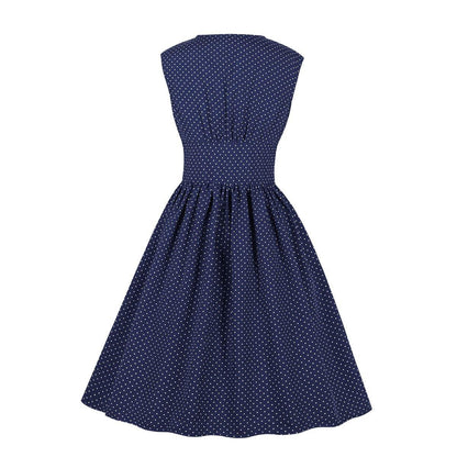 Women Sleeveless V Neck Dot Print Vintage Dresses with Buttons-STYLEGOING