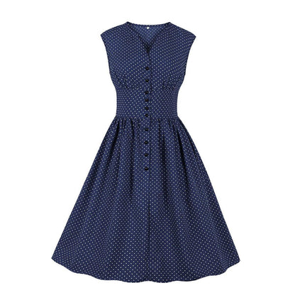 Women Sleeveless V Neck Dot Print Vintage Dresses with Buttons-STYLEGOING