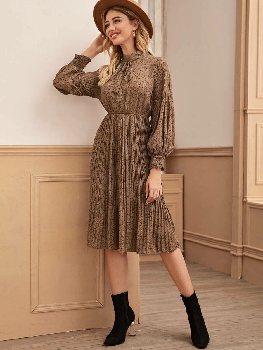 Casual Brown Dot Print Elegant Holiday Long Sleeves Dresses