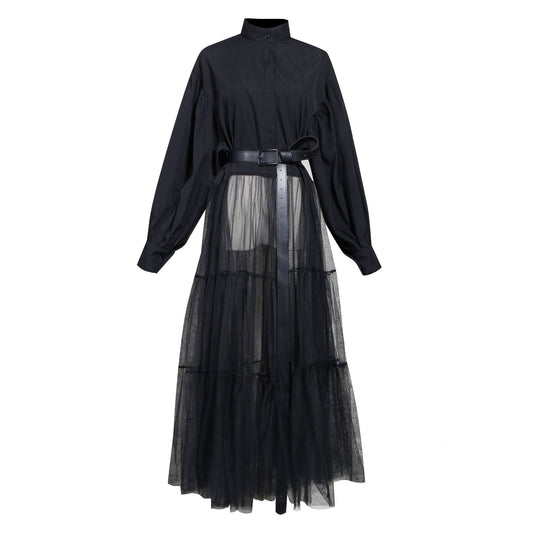 Designed Tulle Contrast High Waist Women Long Shirt Dresses