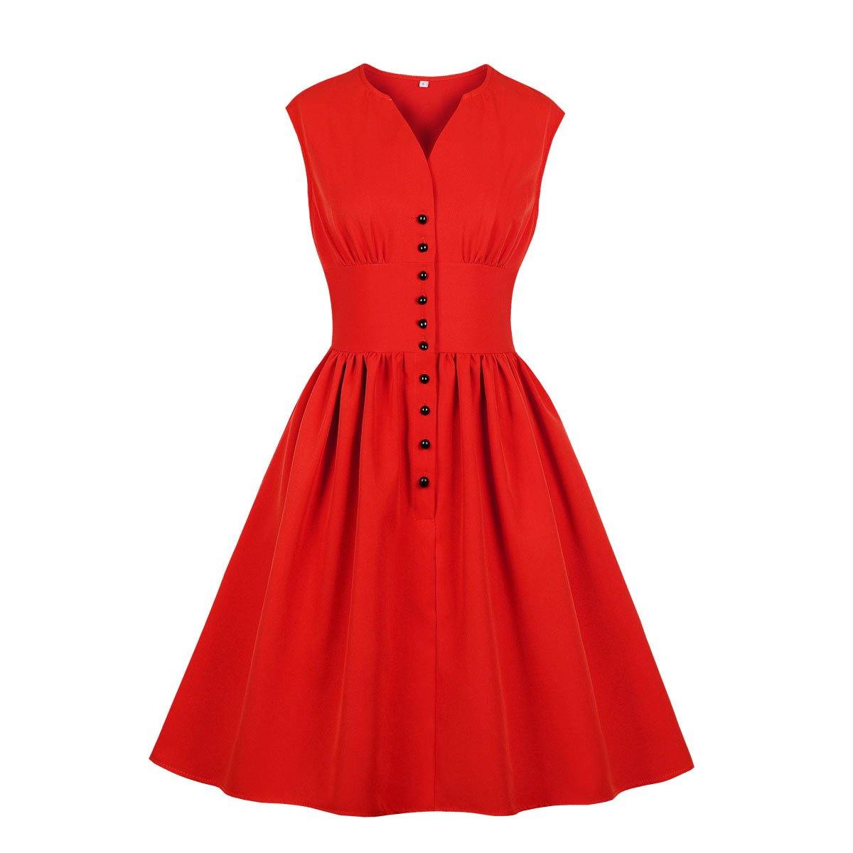 Vintage Button Floral Print High Waist Dresses-STYLEGOING