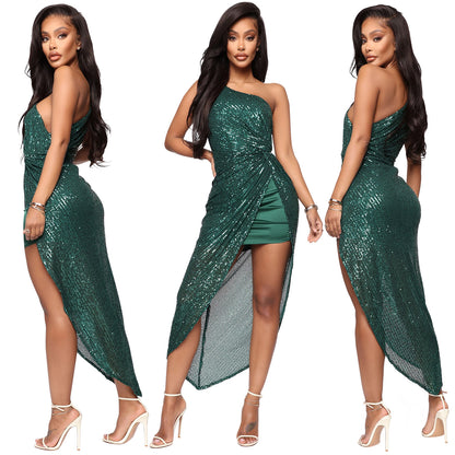 Sexy One Shoulder Sequined Irregular Party Dresses