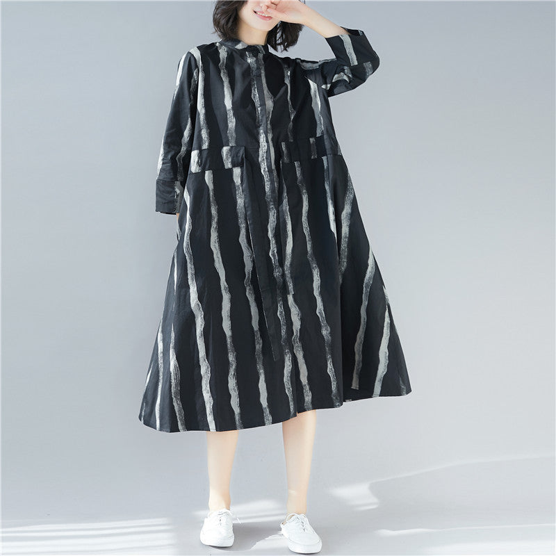 Black Linen Plus Sizes Shirt Midi Dresses