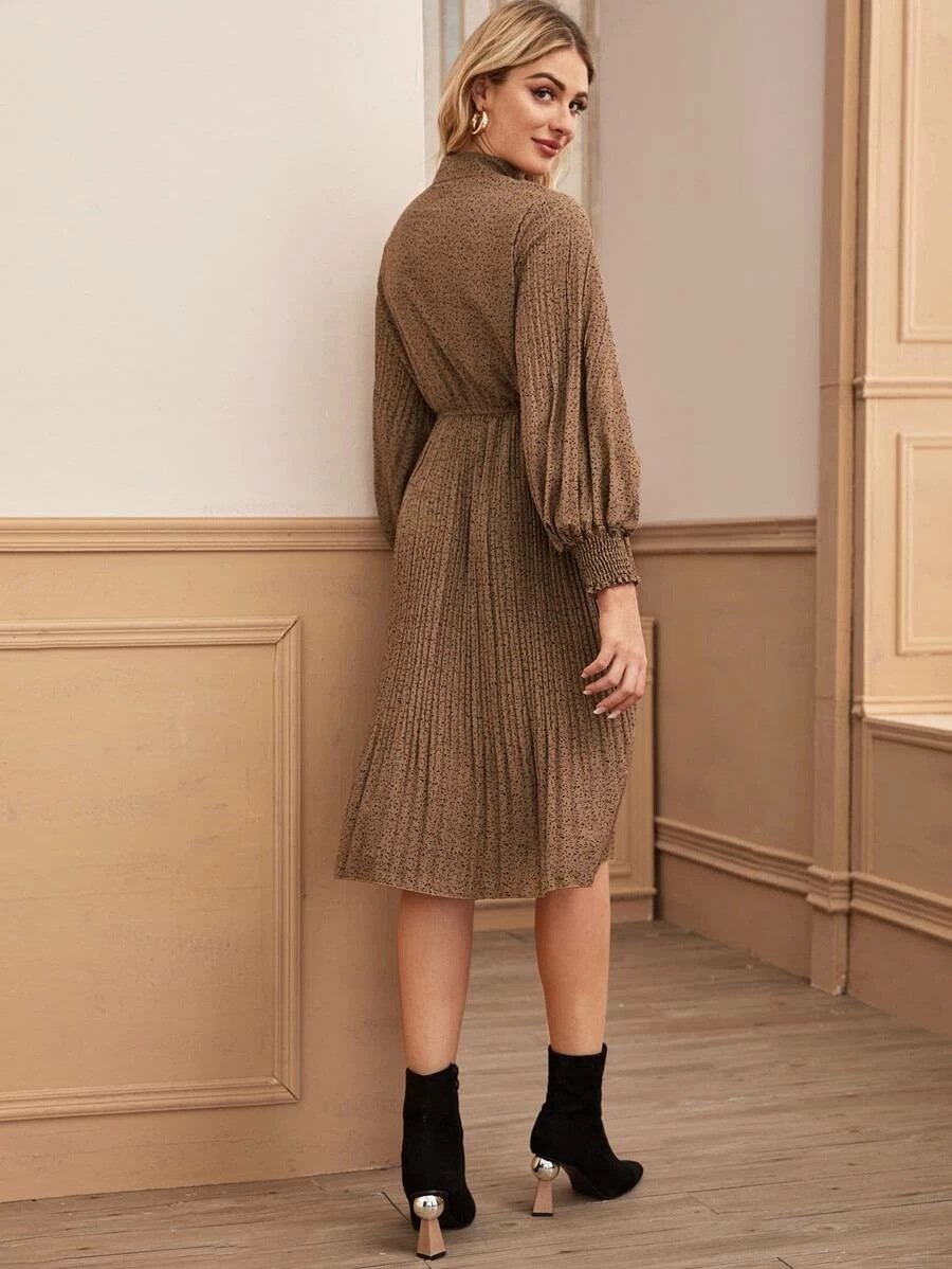 Casual Brown Dot Print Elegant Holiday Long Sleeves Dresses