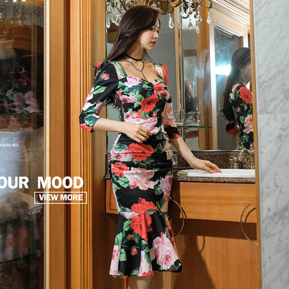 Sexy Floral Print Long Sleeves Mermaid Dresses for Women