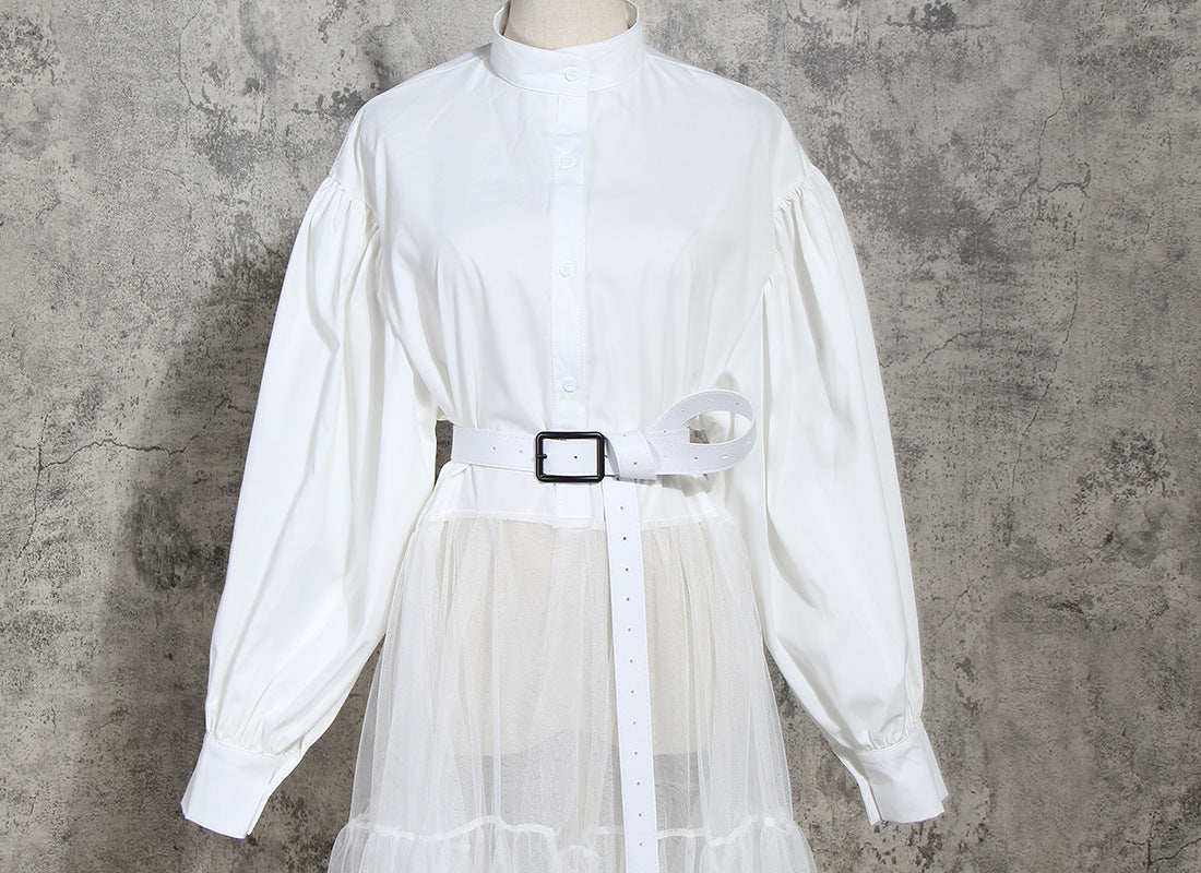 Designed Tulle Contrast High Waist Women Long Shirt Dresses