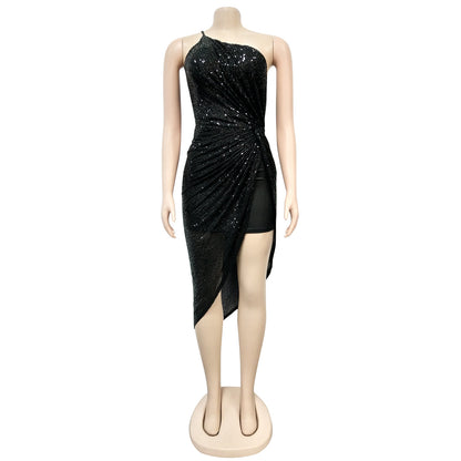 Sexy One Shoulder Sequined Irregular Party Dresses