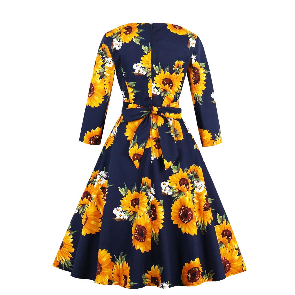 Vintage Women 3/4 Length Sleeves Sumflower Dresses-STYLEGOING