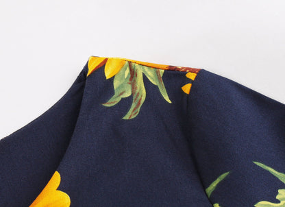 Vintage Women 3/4 Length Sleeves Sumflower Dresses-STYLEGOING