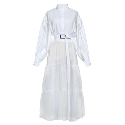 Designed Tulle Contrast High Waist Women Long Shirt Dresses