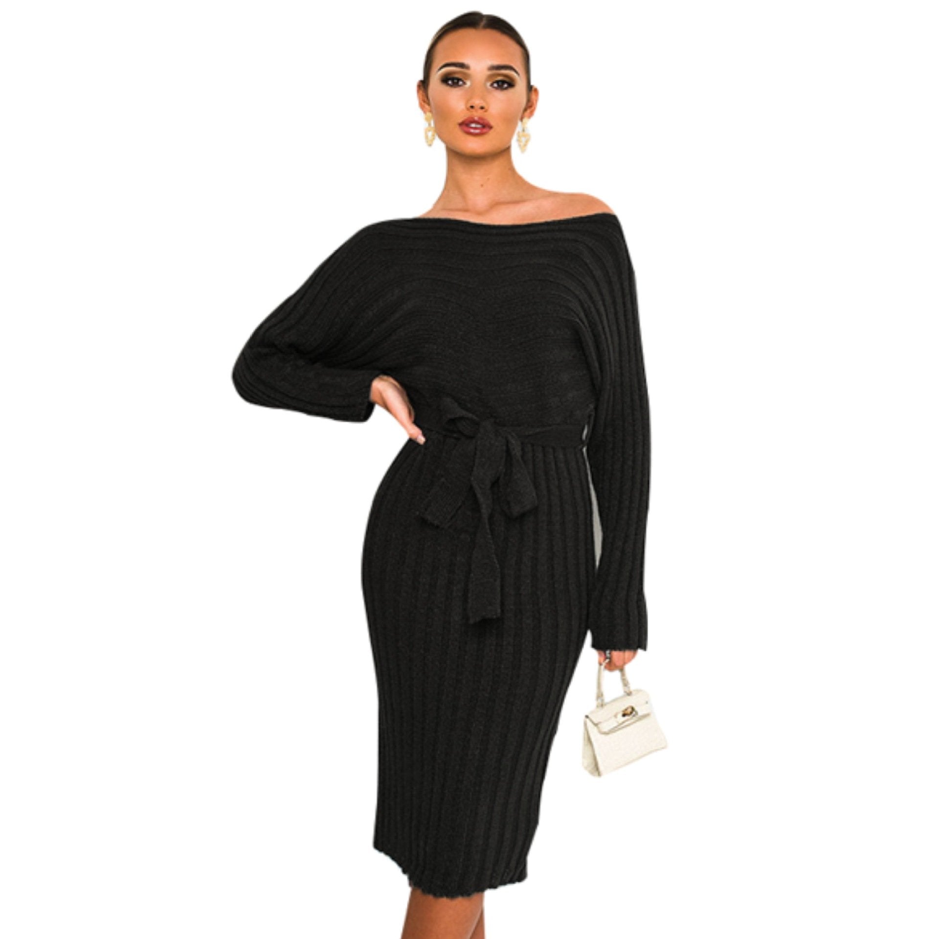 Women Knitting Pullover Lace Up Dresses for Winter-STYLEGOING