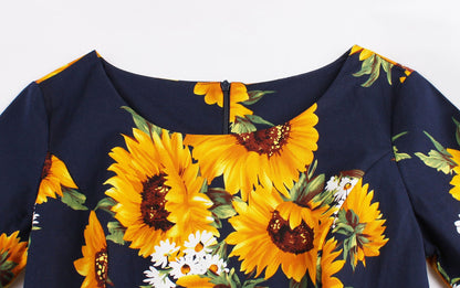 Vintage Women 3/4 Length Sleeves Sumflower Dresses-STYLEGOING