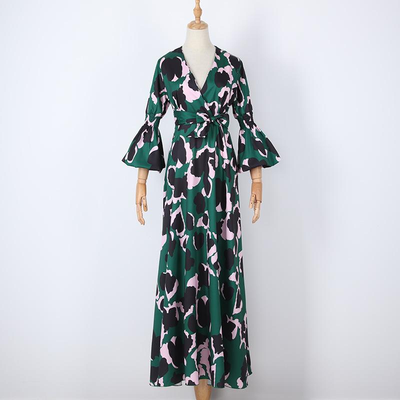 Women Floral Print Long Sleeves V Neck Long Dresses