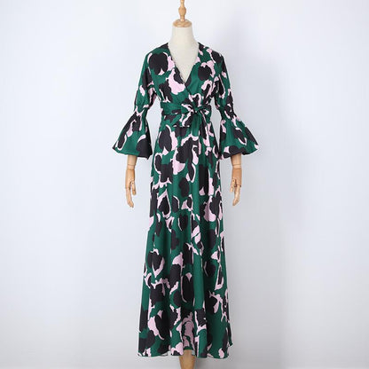 Women Floral Print Long Sleeves V Neck Long Dresses