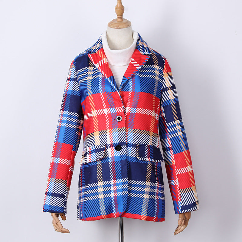 Women Plaid Red Blazer Overcoat