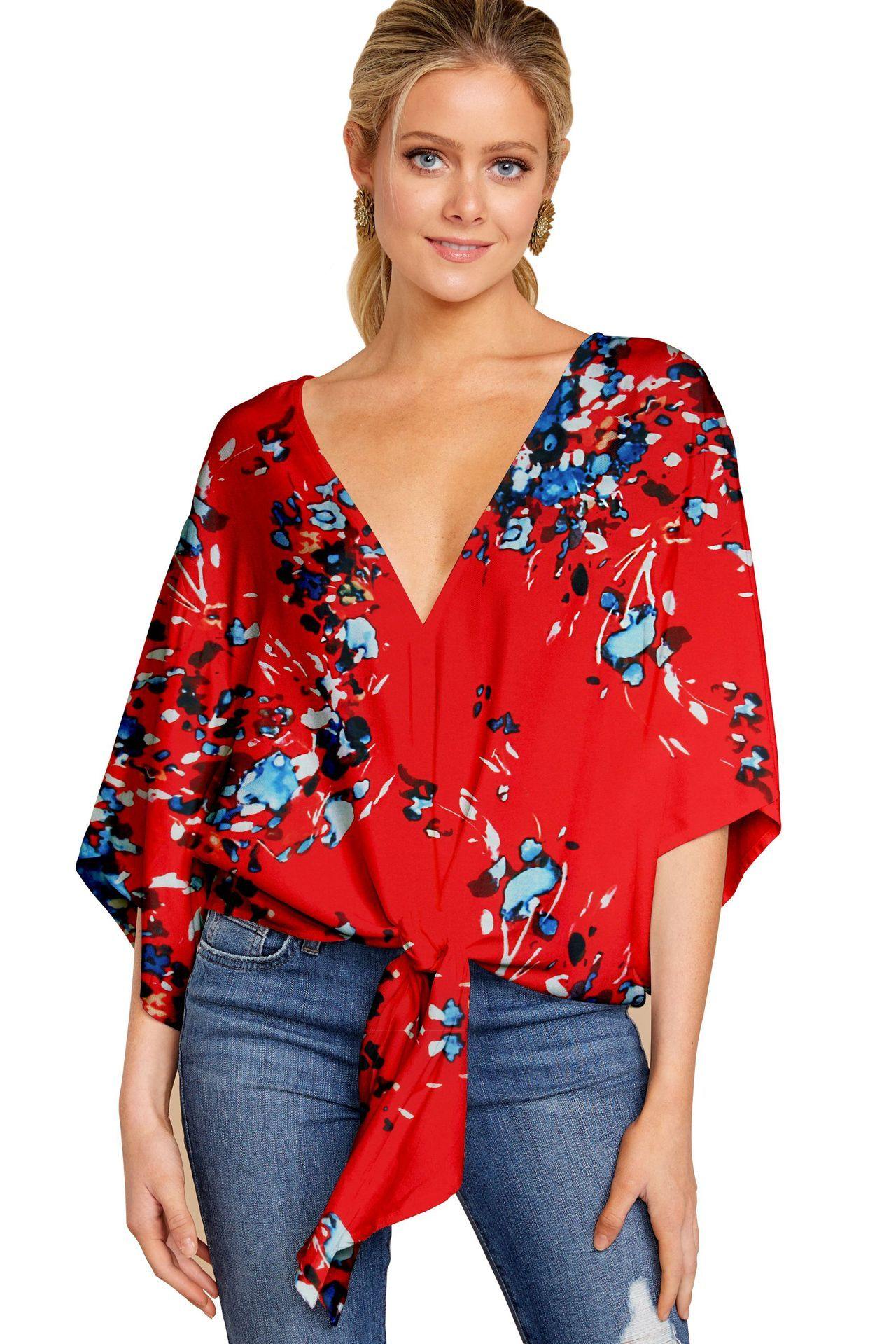 Women Summer/spring Short Sleeves V-neck Blouses-STYLEGOING