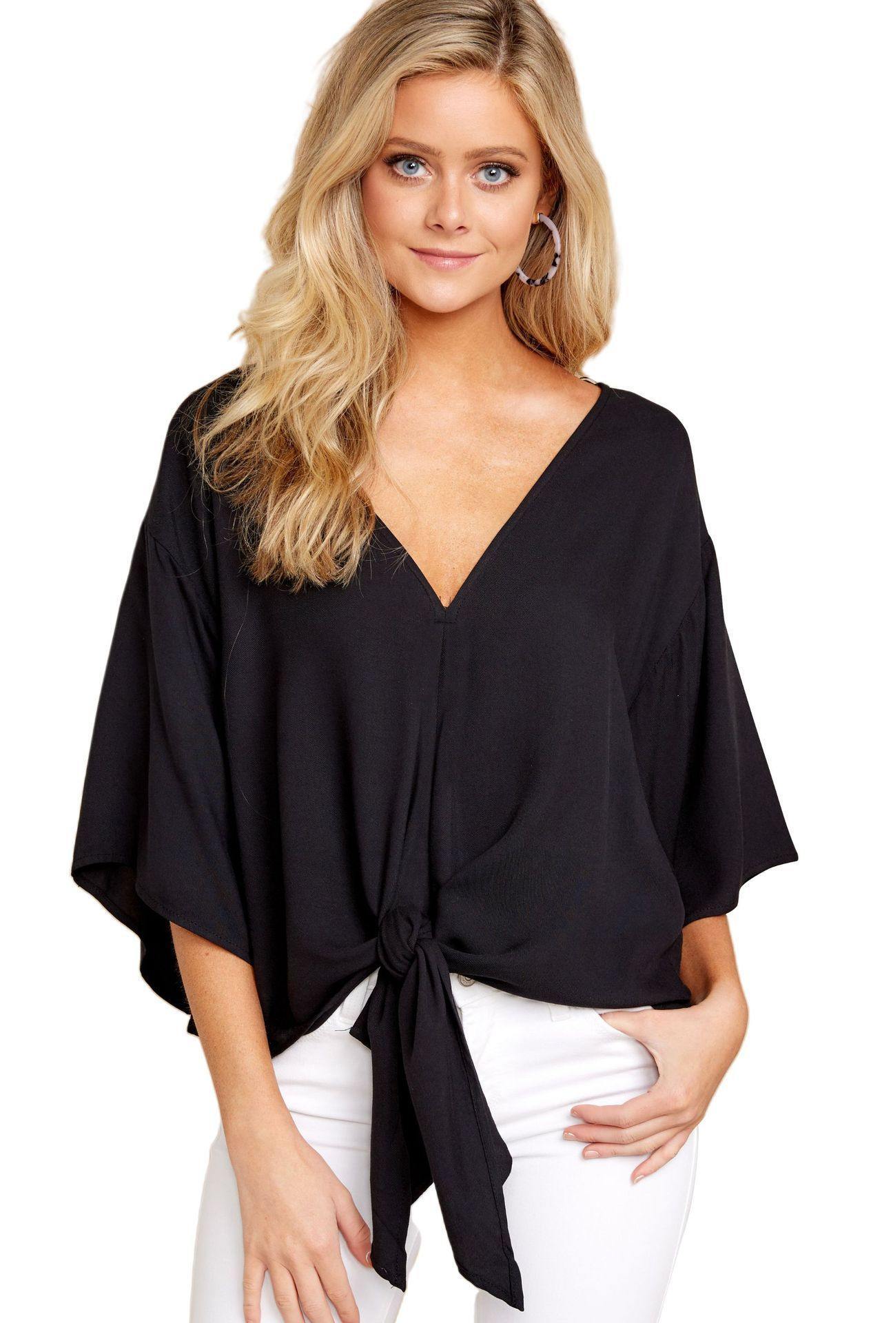 Women Summer/spring Short Sleeves V-neck Blouses-STYLEGOING