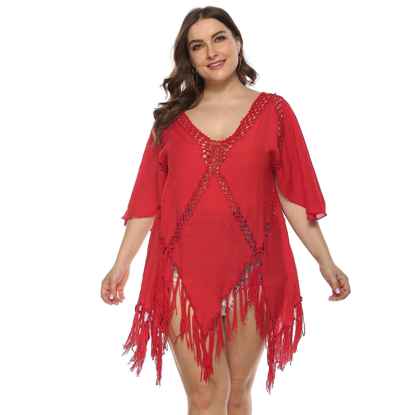 Women Plus Sizes Tassel Cover Ups-STYLEGOING