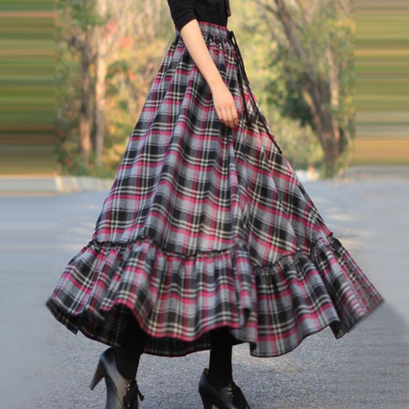 Vintage Plaid Design Women Long Skirt