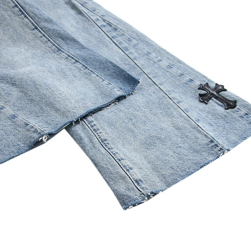 PU Cross Design Women High Waist Wide Jean Pants