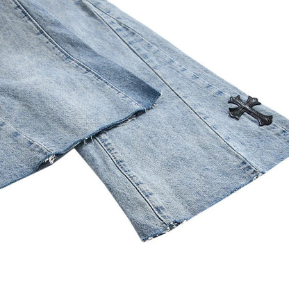 PU Cross Design Women High Waist Wide Jean Pants
