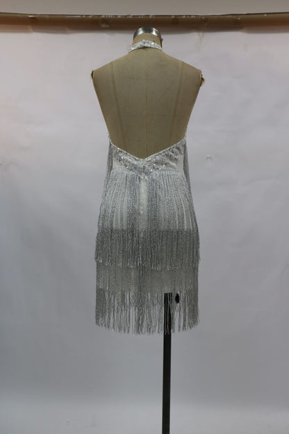 Sexy Silver Tassels Halter Backless Mini Party Dresses
