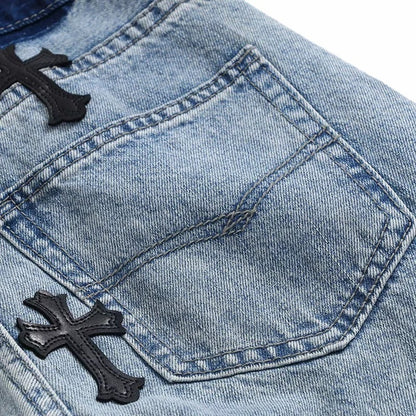 PU Cross Design Women High Waist Wide Jean Pants