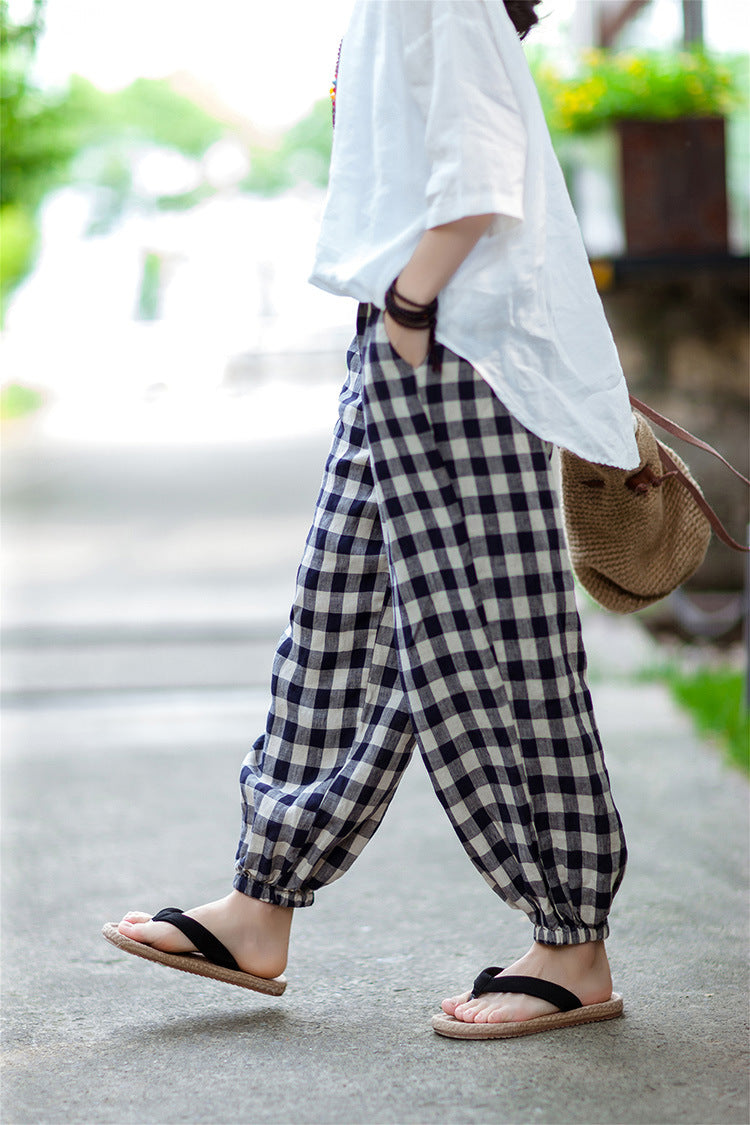 Summer Vintage Linen Plaid Elastic Waist Pants