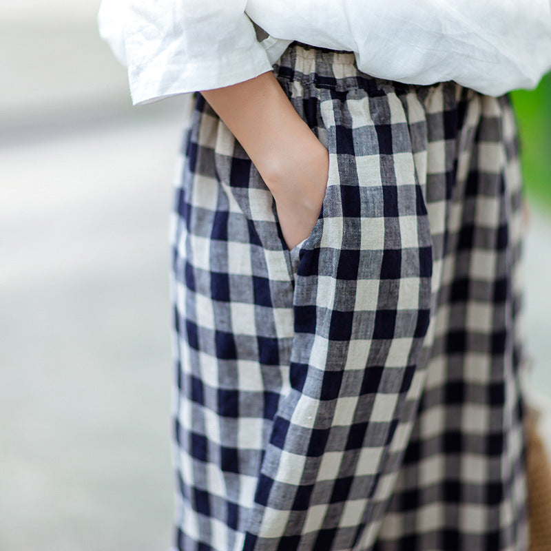 Summer Vintage Linen Plaid Elastic Waist Pants