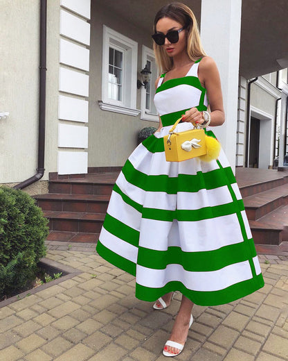 Summer Women Striped Strap Fashion Midi Dresses-STYLEGOING