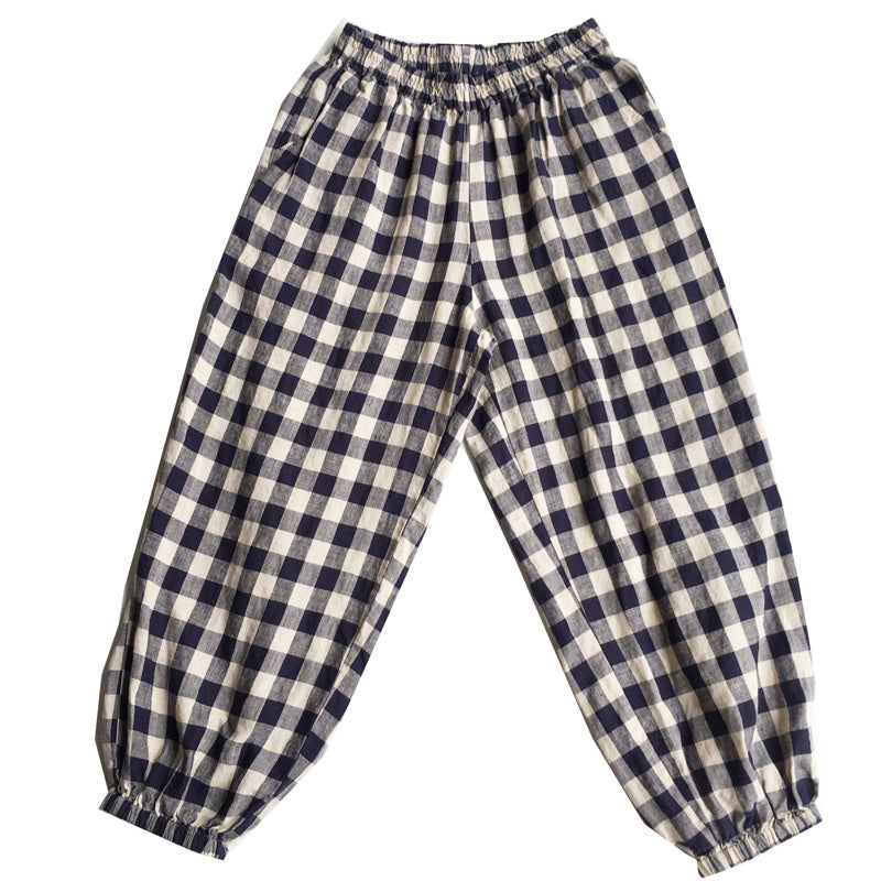 Summer Vintage Linen Plaid Elastic Waist Pants