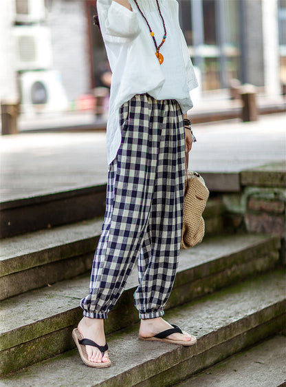 Summer Vintage Linen Plaid Elastic Waist Pants