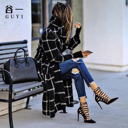 Black Plaid Long Overcoat for Winter-STYLEGOING
