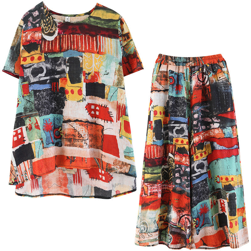 Casual Summer Short Sleeves Blouses and Pants Sets