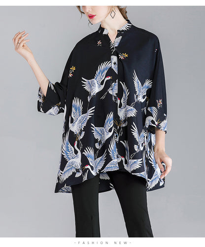 Summer Red-crowned Crane Designed Plus Sizes Women Shirts