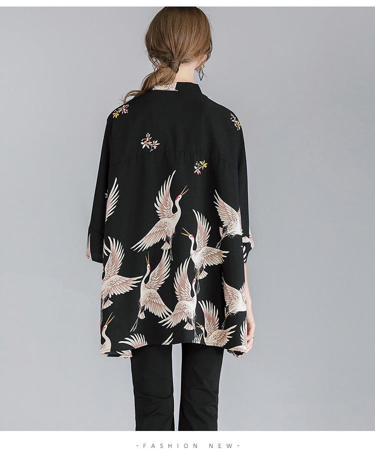 Summer Red-crowned Crane Designed Plus Sizes Women Shirts