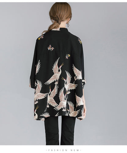 Summer Red-crowned Crane Designed Plus Sizes Women Shirts