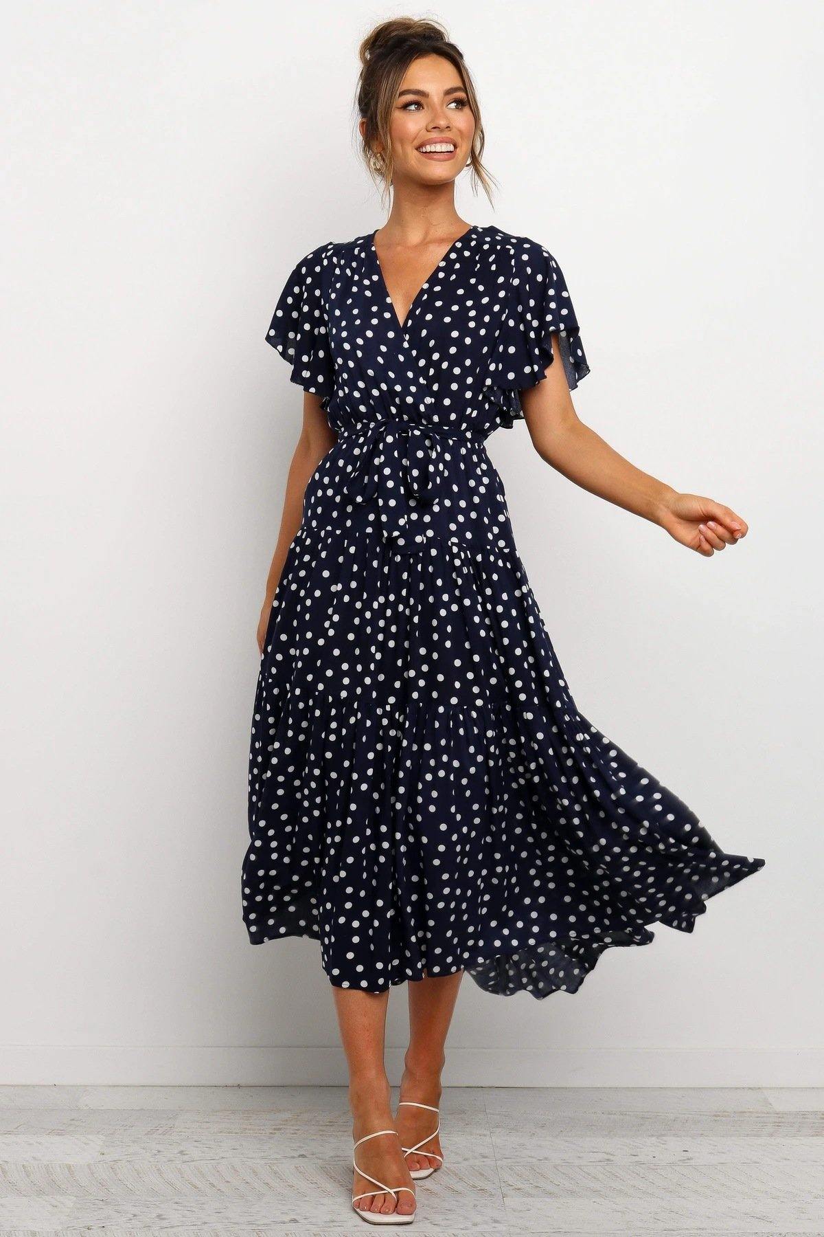 Women Short Sleeves V Neck Midi Dresses-STYLEGOING