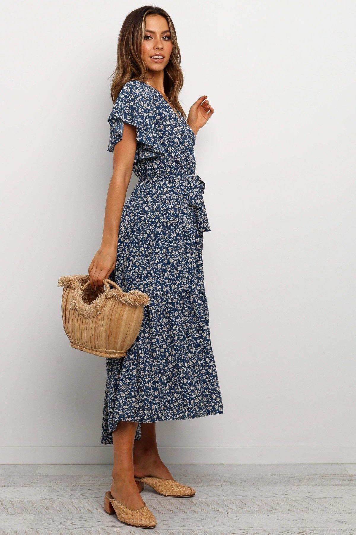 Women Short Sleeves V Neck Midi Dresses-STYLEGOING