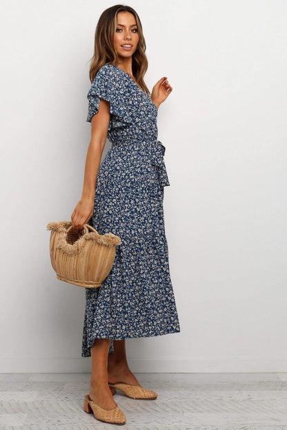 Women Short Sleeves V Neck Midi Dresses-STYLEGOING