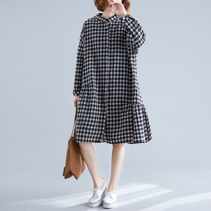 Casual Linen Plaid Plus Sizes Shirt Short Dresses