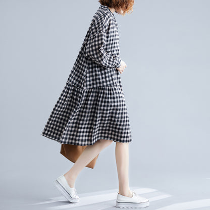 Casual Linen Plaid Plus Sizes Shirt Short Dresses