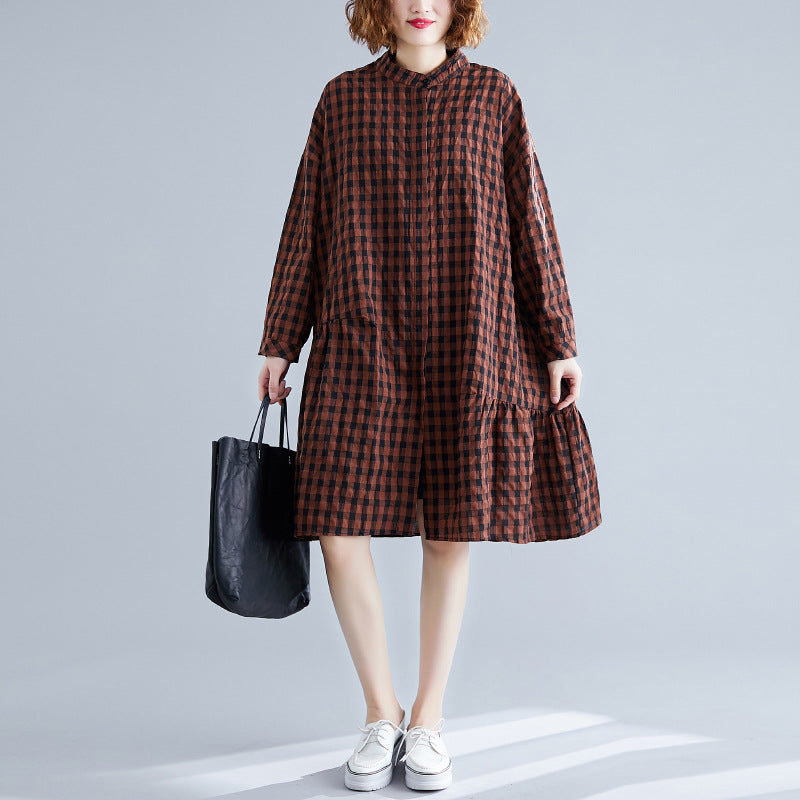 Casual Linen Plaid Plus Sizes Shirt Short Dresses