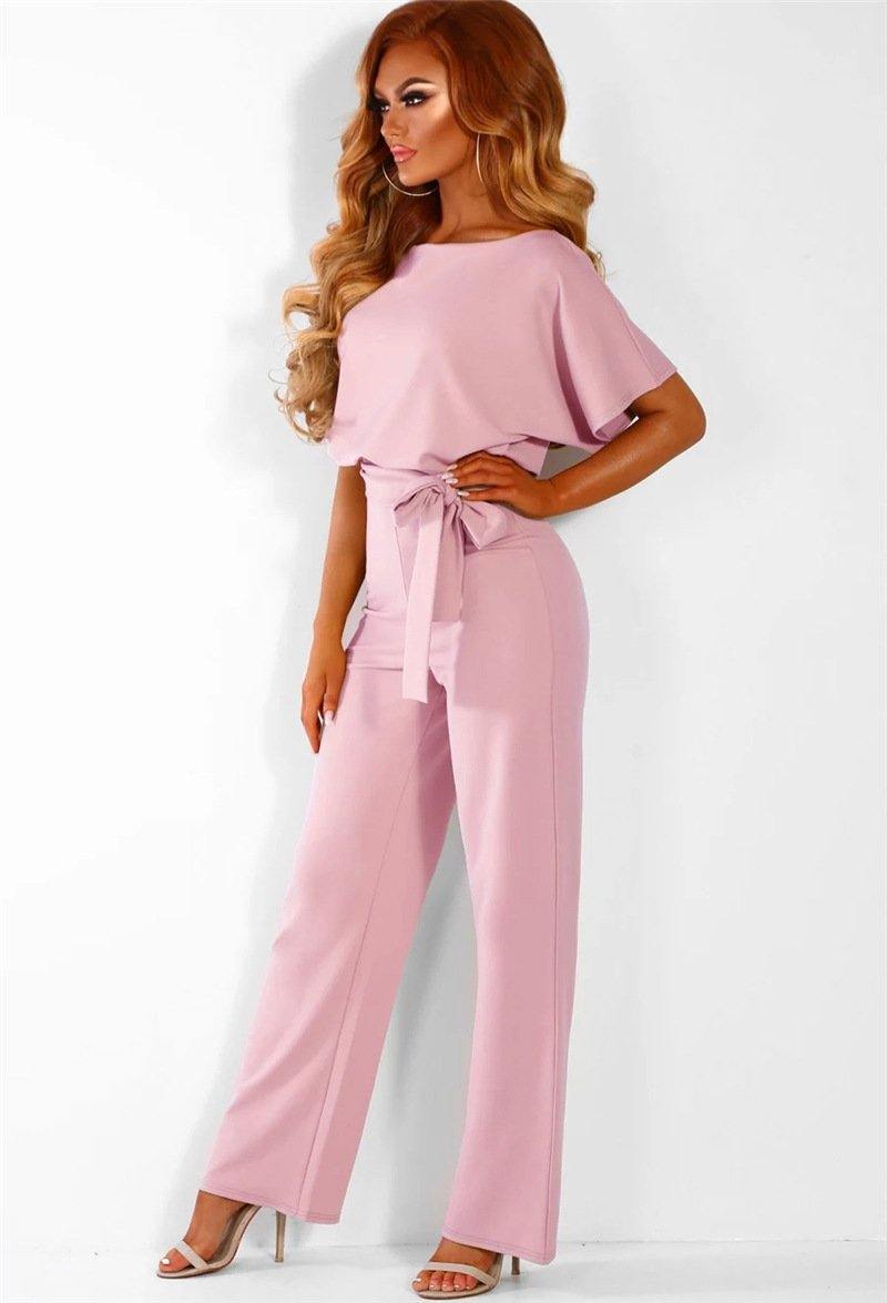 Women Summer Belt Short Sleeves Summer Jumpsuits-STYLEGOING