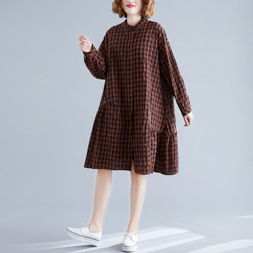 Casual Linen Plaid Plus Sizes Shirt Short Dresses