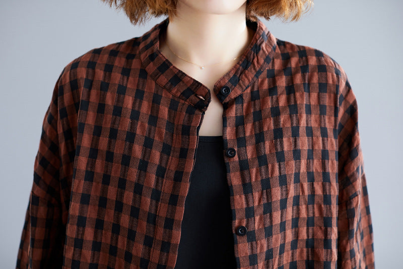 Casual Linen Plaid Plus Sizes Shirt Short Dresses