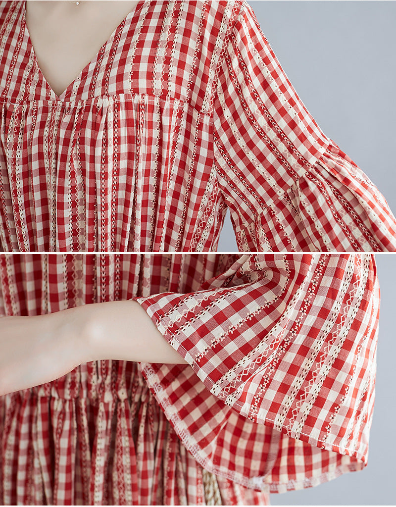 Red Plaid Plus Sizes Summer Midi Dresses