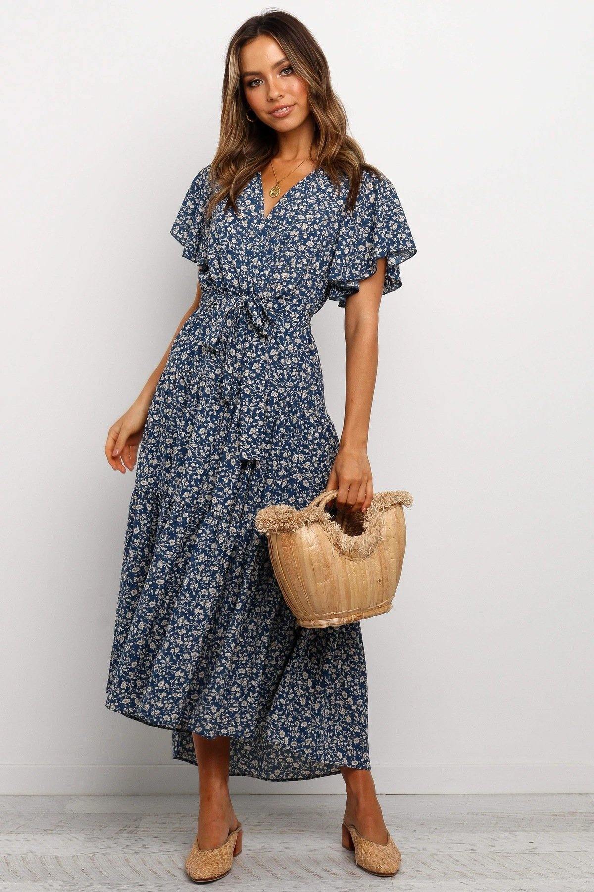 Women Short Sleeves V Neck Midi Dresses-STYLEGOING